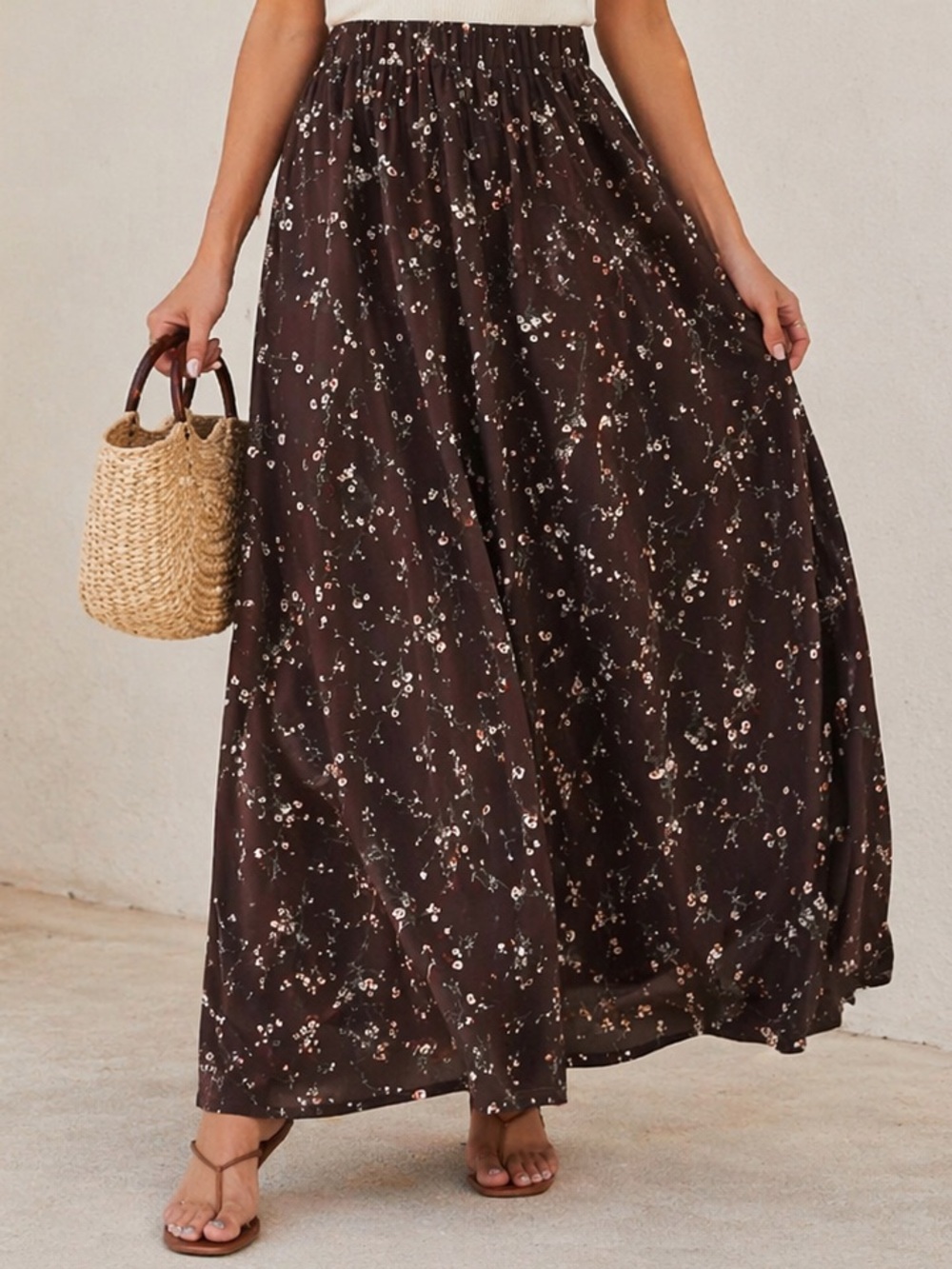 Chocolate Brown Floral Ditsy Maxi Skirt Cottagecore Earth Tone Flowy Skirt XXL - Picture 2 of 7